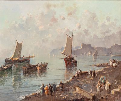 NICOLAS DE CORSI (Odessa 1882 - Torre del Greco 1956), Seascape with beach, figures strolling and boats