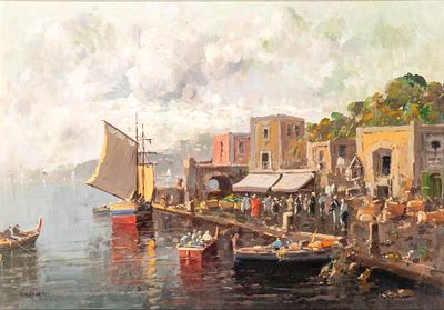 NICOLAS DE CORSI (Odessa 1882 - Torre del Greco 1956), Landscape with dock, boats and shops - NICO 