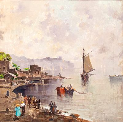 NICOLAS DE CORSI (Odessa 1882 - Torre del Greco 1956), Seascape with fishermen and sailing boats - 