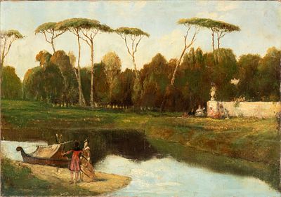 SCIPIONE VANNUTELLI (Genazzano 1834 - Roma 1894), Landscape with lake and figures - SCIPIONE 