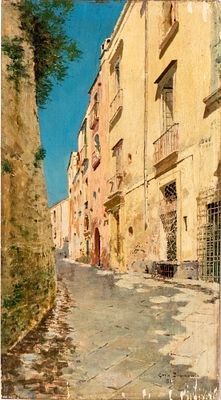 CARLO BRANCACCIO (Napoli 1861 - 1920), Street view with houses, 1885 - CARLO BRANCACCIO (Napoli 