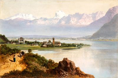 ALBERT AUGUST ZIMMERMANN (Zittau 1808 - Monaco di Baviera 1888), A lakeside scene with a mountainous landscape