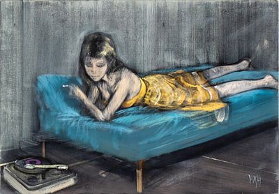 ALBERTO SUGHI (Cesena 1928 - Bologna 2012), Girl lying down with a cigarette and a record player - 