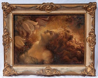 Estasi ( ritratto di Rina Olmo ), met&agrave; XX secolo. Olio su tela 50 x 70 cm in cornice 