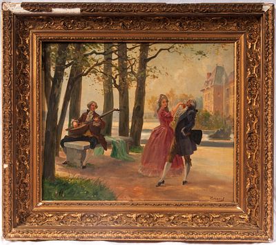 Scena cortese, prima met&agrave; XX secolo. Olio su tela 46,5 x 55 cm firmato, in cornice coeva. 