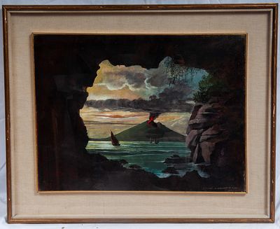 Vulcano in eruzione, met&agrave; XX secolo. dipinto ad olio su tela 45 x 60 cm firmato, in 