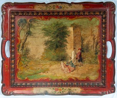 Vassoio in legno dipinto, XX secolo. 35 x 45 cm scena galante entro cornice. Stato di 