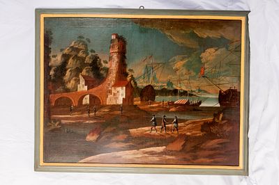 Veduta di marina con imbarcazioni e costruzioni, inizio XX secolo. dipinto olio tela 73 x 98 cm 