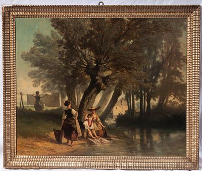 Pesaggio con lavandaie, Scuola francese, fine XIX inizi XX secolo. Olio su tela 82 x 100 cm in 