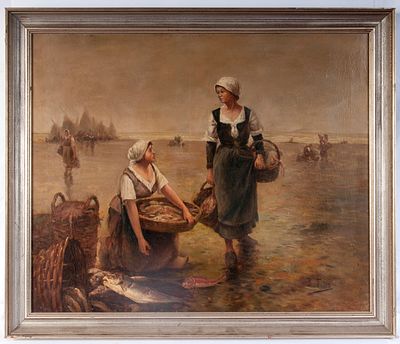 Pescivendole, fine XIX secolo. Olio su tela 54 x 65 cm artista italiano, in cornice, firmato. 