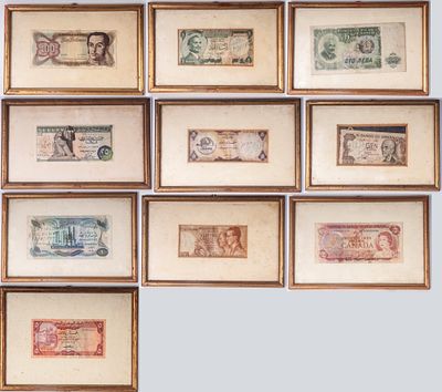 Lotto di dieci banconote in cornice., XX secolo. Stato di conservazione: monete circolate