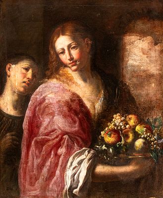 Tiziano Vecellio (Pieve di Cadore - Venezia, 1576) Follower of - Figura femminile con cesto di 