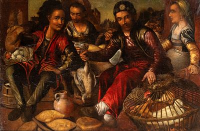 Flemish Artist, end of XVI century - early XVII century - Market scene with sellers of poultry 