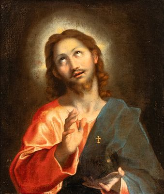 Federico Barocci (Urbino, 1535 - 1612) Follower of - Salvator Mundi. Oil on canvas cm. 69x58. 