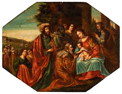 Artista fiammingo, fine XVI - inizio XVII secolo - Adorazione dei Magi. Oil on copper cm. 24,5x32 