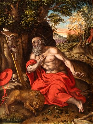 Artista fiammingo, inizio XVII secolo - San Girolamo penitente. Oil on copper cm. 32,5x24. Framed 