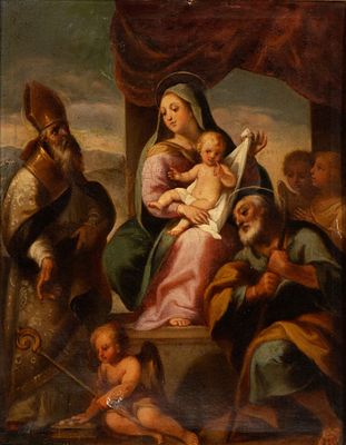 Federico Barocci (Urbino, 1535 - 1612) Follower of - Madonna con Bambino, San Giuseppe, santo 