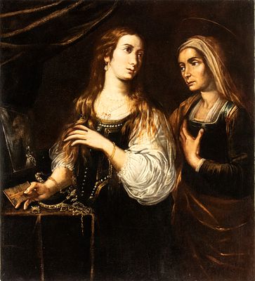 Artista attivo a Roma, prima met&agrave; XVII secolo - Marta e Maddalena. Oil on canvas cm. 107x96,5 