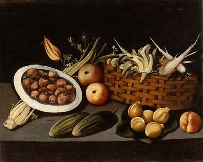 Artista attivo a Roma, prima met&agrave; XVII secolo - Natura morta con cesto di vimini, ortaggi e frutti. 