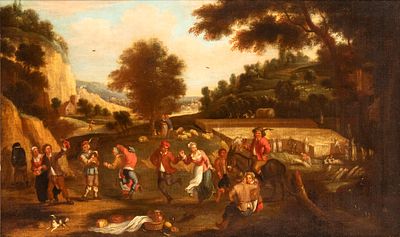 David Teniers Il Giovane (Anversa, 1610 - Bruxelles, 1690) Sphere of - Paesaggio con raccolta del 