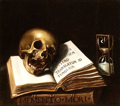 Artista italiano, XVII secolo - Vanitas con teschio, libri e clessidra. Oil on canvas cm. 50,5x55. 