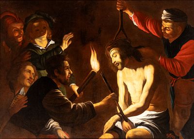 Matthias Stom o Stomer (Amersfoort - Sicilia) Sphere of - Cristo deriso. Oil on canvas cm. 133x183. 