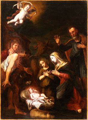 Artista attivo a Roma, XVII secolo - Adorazione dei pastori. Oil on canvas cm. 98,5x72