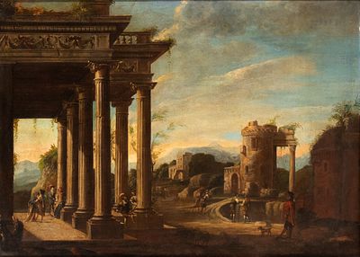 Artista attivo a Roma, seconda met&agrave; XVII secolo - Capriccio con portico, ruderi e figure. OIl on 