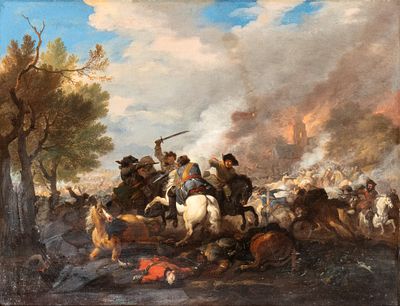 Jan van Huchtenburgh (Haarlem, 1647 - Amsterdam, 1733) - Battaglia. Oil on canvas cm. 65,5x84,5. Framed