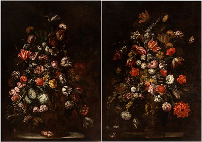 Artista attivo a Firenze, seconda met&agrave; XVII secolo - Coppia di grandi nature morte con bouquet di 