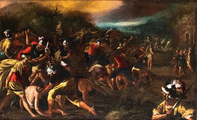 Artista napoletano, seconda met&agrave; XVII secolo - Milizie romane aggrediscono i civili di una citt&agrave; nemica