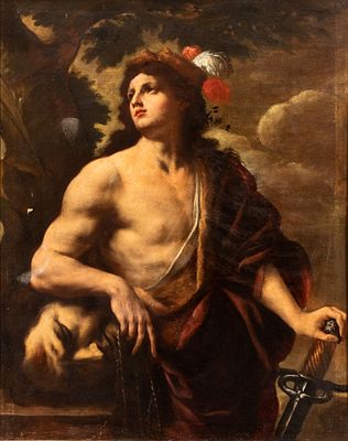Artista attivo a Napoli, seconda met&agrave; XVII secolo - Davide con la testa di Golia. Oil on canvas cm. 