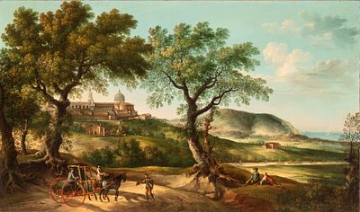 Paolo Anesi
(1697 - 1773) - Veduta di Loreto con il monte Conero sullo sfondo, carrozza 
