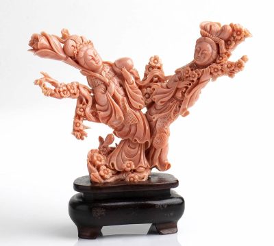 A Momo or Cerasuolo coral (Corallium Elatius) sculpture depicting a pair of Geishas. Wooden 