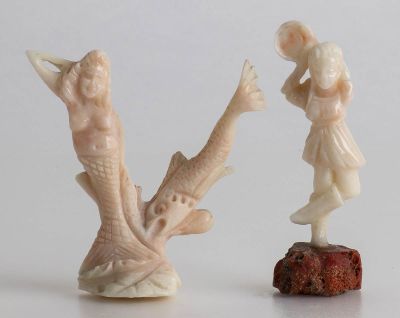A pair of Bok&egrave; coral (Corallium Secundum) carving depicting a female figure and a siren 