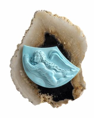 A turquoise sculpture depicting depicting “Venus” on an agate base. Signed "Parlati", Carlo 