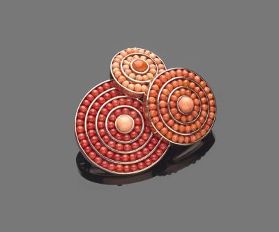 "ECHO" brooch with Sciacca and Mediterranean coral (Corallium Rubrum). Sterling silver mounting. 