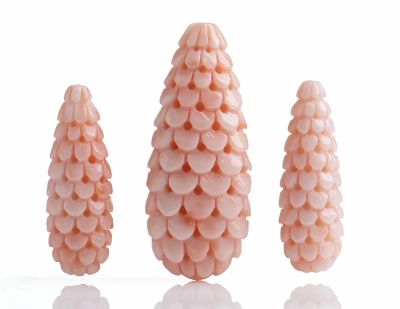 Three Cerasuolo coral (Corallium Elatius) beads drop shape carving flower beads cabochon. 