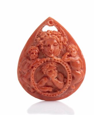 Drop-shaped Momo or Cerasuolo coral (Corallium Elatius) carving engraved with putti and mask. 