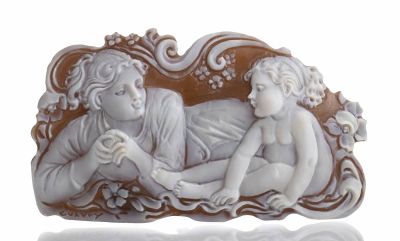 Carved Sardonica shell cameo (Cassis Madagascarensis) depicting female figure with child. 