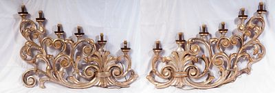 Pair of six-light wall sconces, late 19th century early 20th century. 65 x 90 x 3 cm in gilded 