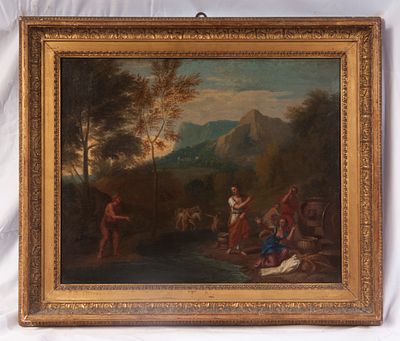 River scene with figures, Northern Italy, 18th century. oil painting on canvas 46 x 56 cm in a 