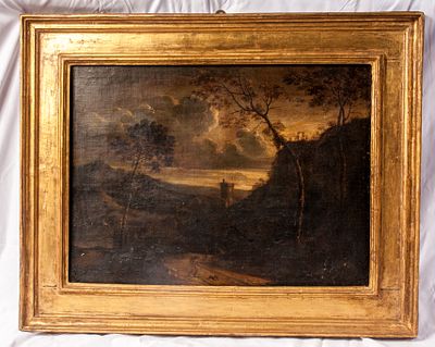 Paesaggio con torre e viandante, XVIII secolo. dipinto ad olio su tela 52 x 68 cm 
in cornice 