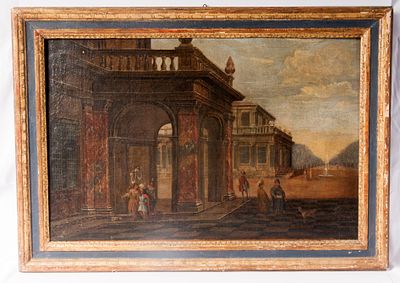 Invention architectures with characters, late 18th century. oil painting on canvas 40 x 61 cm 