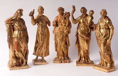 Lot of five allegorical sculptures, second half of the 18th century. 30 x 10 cm in gilded wood 