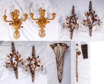 Lot of eight wall sconces, second half of the 20th century. of which: four two-light crystal and 