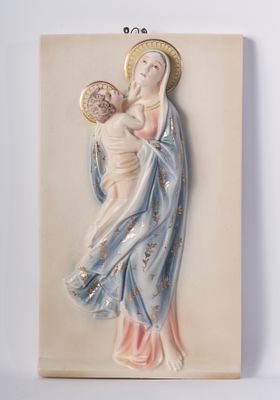 Madonna with Child, relief plaque, late 30s. 36 x 21 x 5 cm in polychrome ceramic modelled with 
