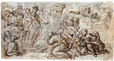 Classical scene of sacrifice with royal procession, 17th century Roman school. Ink and traces of 