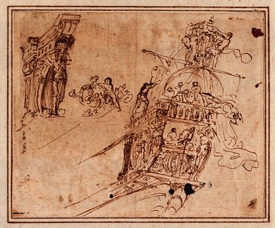 Sketch of a sailing ship with detail of the figurehead, 18th century Central Italian artist. Brow 
