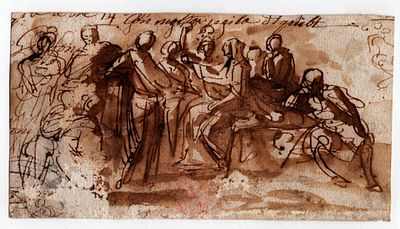 Study of multiple figures in conversation, Italian artist late 17th century. Brown ink and 